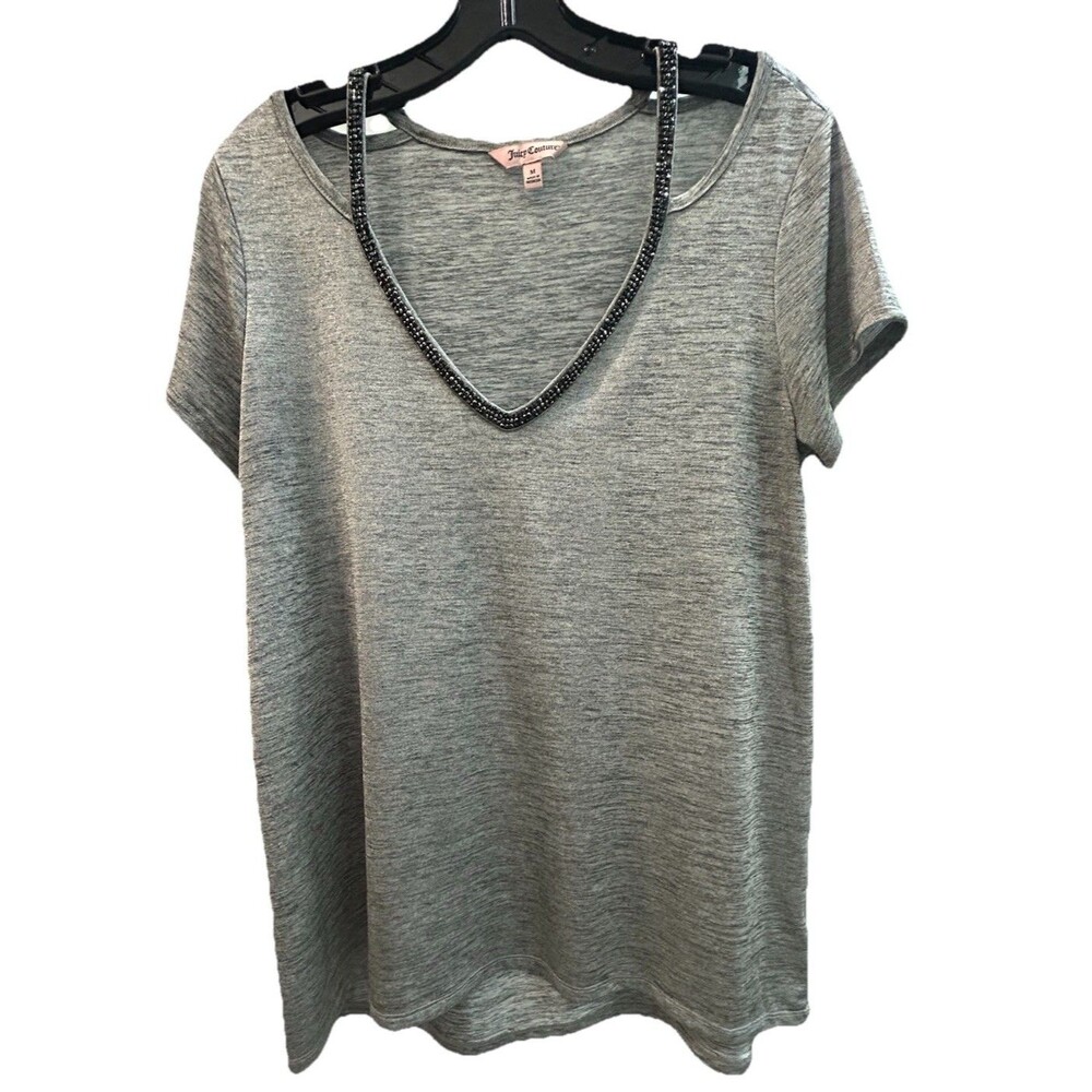 Juicy Couture Women Gray Top With Black Rhinestone Neckline Size M Sparkle Chic